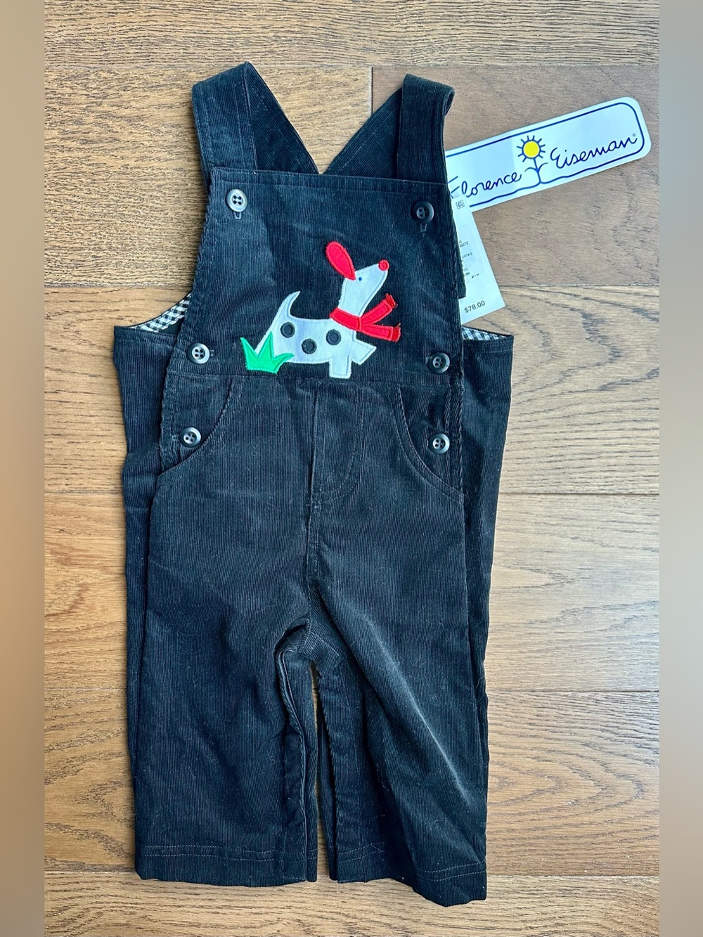 Florence Eiseman Black Corduroy Overalls with Dog Appliqué